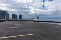 an empty parking lot with white walls and a blue sky behind it, while there is no one on the rooftop, outside