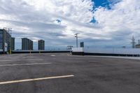 an empty parking lot with white walls and a blue sky behind it, while there is no one on the rooftop, outside