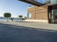 a skateboarder is going down the street beside the water and some buildings and people are out on a sunny day