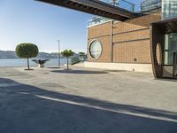 a skateboarder is going down the street beside the water and some buildings and people are out on a sunny day