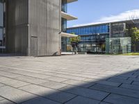 some green grass and an empty courtyard with buildings in the background and a person on a phone