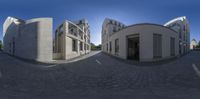 the panorama lens is used to show different angles of buildings in the city courtyards