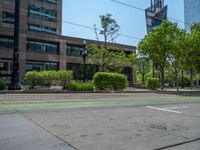 the green paint is painted on a bike path in front of an office building and large, trees