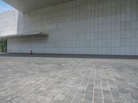 a red fire hydrant sitting on top of a stone floor in front of a white building