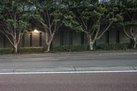 an asphalt roadway near several trees and buildings on the other side of a street at dusk