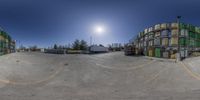 the spherical image is made to look like two buildings in a parking lot, with a parking meter at one side and other side