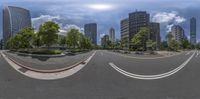 a fisheye lens shows the intersection of an empty city street and trees and buildings