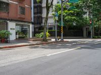 a street corner with no people walking on it and some trees on both sides of the street