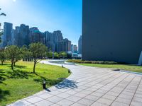 an empty park in front of a city with tall buildings and many trees in the middle