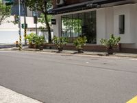 a street corner with plants and buildings in the background under an overhanged awning