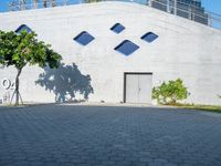 the side of a large building has windows with rounded shapes and trees on either side