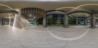 a photo taken with fish eye lens of people standing in front of a building while there are lights on