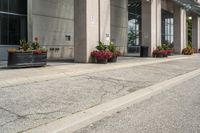 a parking meter that is sitting on the sidewalk of a building, with potted plants