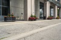 a parking meter that is sitting on the sidewalk of a building, with potted plants