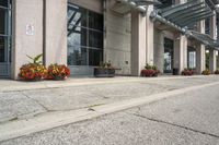 a parking meter that is sitting on the sidewalk of a building, with potted plants