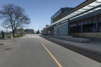 the empty road is lined with empty trees in the front of this building at the end of the street