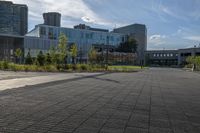 an empty paved sidewalk with building in the background and park in front of it on a sunny day