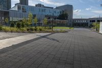 an empty paved sidewalk with building in the background and park in front of it on a sunny day