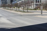 a city street near tall buildings and trees in the sunshine area of an urban city