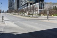 a city street near tall buildings and trees in the sunshine area of an urban city