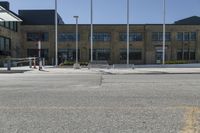 a fire hydrant sitting in front of a large building filled with flags and american flags