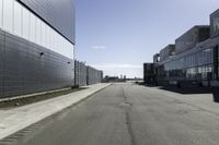 empty city street with buildings on either side of it and a blue sky above them