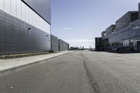 empty city street with buildings on either side of it and a blue sky above them