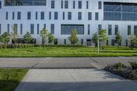 a gray concrete plaza is full of trees and bushes with white building in the background