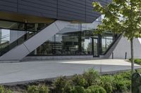 an empty courtyard near some plants and trees with large windows on top of the building