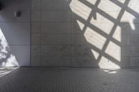 a wall and floor in a large building under sunlight filters and shadows, with a shadow cast on it