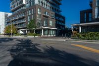 tall residential building next to sidewalk with trees in front of it and blue skies above