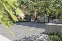 a tree with a glass fence and a trash can outside of a building in the city