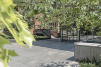 a tree with a glass fence and a trash can outside of a building in the city