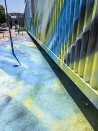 a colorful outdoor art area with some yellow and blue bars and colored painted areas along it