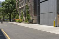 a person is riding a bike on the city street, facing the camera and facing toward tall buildings with trees in front