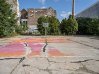 a basketball court painted with a flower pattern in the middle of the street and next to a basketball hoop