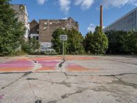 a basketball court painted with a flower pattern in the middle of the street and next to a basketball hoop