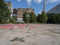 a basketball court painted with a flower pattern in the middle of the street and next to a basketball hoop