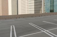 a parking lot filled with lots of tall buildings and white lines painted down the middle of it