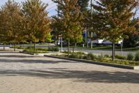 a city area with trees and paved concrete in the foreground with blue sky and sun