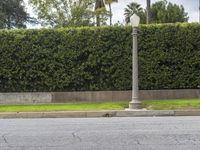 a large pole is sitting in the middle of an intersection in front of trees and shrubs