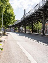 street under the bridge with several people walking on it's sides as well as trees