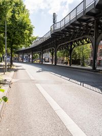 street under the bridge with several people walking on it's sides as well as trees