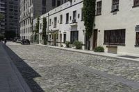 a street with a sidewalk and several buildings on it that also has a number of small plants