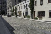 a street with a sidewalk and several buildings on it that also has a number of small plants