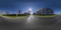 a wide view of the camera in a panorama lens lens on the road outside of a building