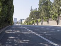 the trees on either side of the road have long shadows over it with an area for cars to drive by