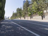 the trees on either side of the road have long shadows over it with an area for cars to drive by