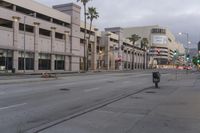 an empty street with palm trees and buildings in the background near the tracks that lead up to the train