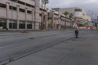an empty street with palm trees and buildings in the background near the tracks that lead up to the train